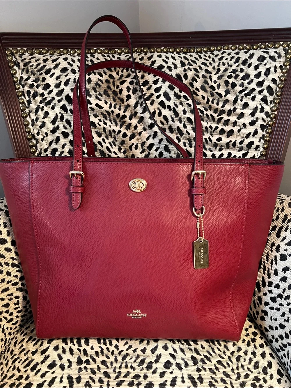 Coach Burgundy Leather Tote with Gold-Tone  Turnlock - Cherry Red